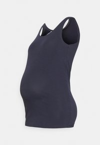Top de maternidade sem mangas em azul-marinho escuro, com decote redondo e tecido macio e elástico, ideal para acomodar uma barriga em crescimento.