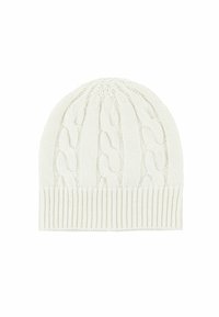 Beanie lavorato a maglia di colore avorio con motivo a treccia e orlo a coste. Texture morbida con una forma aderente per calore e comfort.