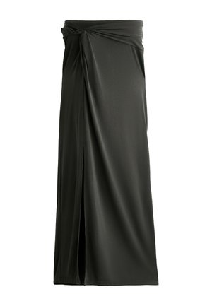 Fustă închisă la culoare de tip wrap, realizată dintr-un material neted, având un slit frontal și un detaliu cu nod răsucit la talie pentru un design elegant.
