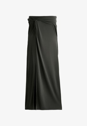 Tmavě šedá obálková sukně vyrobená z hladkého materiálu, s předním rozparkem a detailním uzlem v pase pro elegantní vzhled.