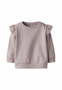Felpa rosa con dettagli in pizzo arricciato sulle spalle, collo rotondo e polsini e orlo a coste. Tessuto morbido con una texture liscia.