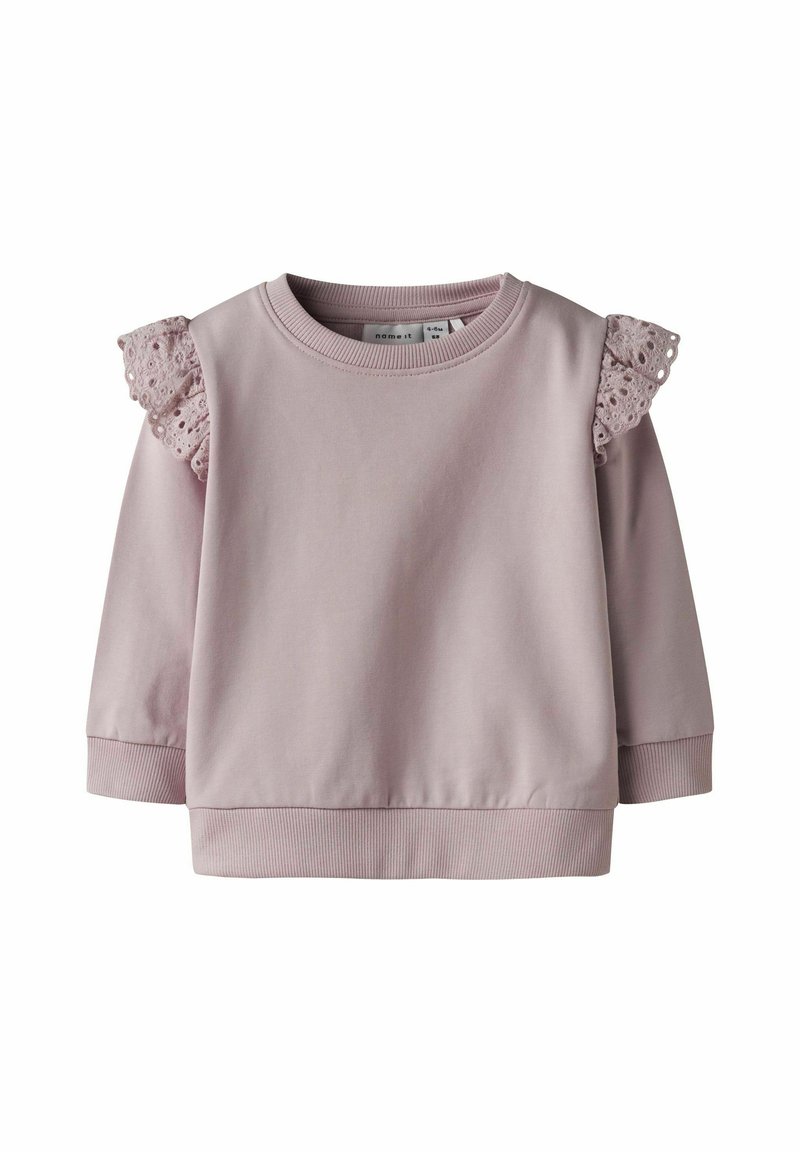 Felpa rosa con dettagli in pizzo arricciato sulle spalle, collo rotondo e polsini e orlo a coste. Tessuto morbido con una texture liscia.