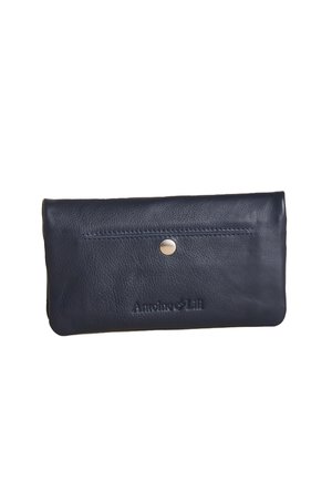 Navy blue leather wallet with a front snap button pocket and embossed "Anoine & Lili" logo at the bottom center.