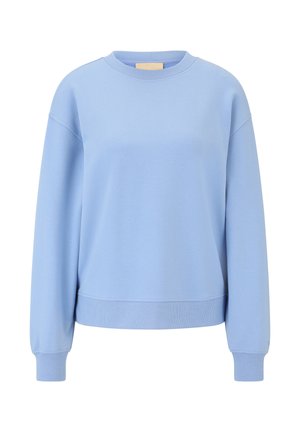 Hellblaues Sweatshirt mit Rundhalsausschnitt, abfallenden Schultern und gerippten Bündchen. Glatte Textur und leichtes Material.