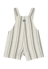 Salopette courte rayée en crème et gris, avec un patch carré arborant un logo de voiture, et des bretelles ajustables. Fabriquée en tissu respirant.