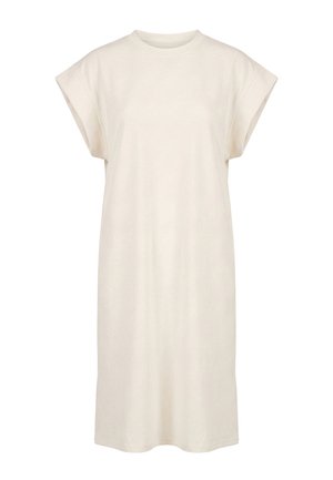 Cremefarbenes, kurzärmeliges, knielanges Freizeitkleid mit rundem Ausschnitt und lockerem, entspanntem Sitz.