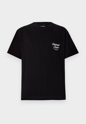Black short-sleeve t-shirt made of cotton. Features a small white logo on the left chest area. Crew neck design, regular fit.