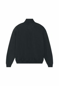 Black long-sleeve pullover with a high collar, ribbed cuffs, and ribbed hem, shown from the back on a white background.