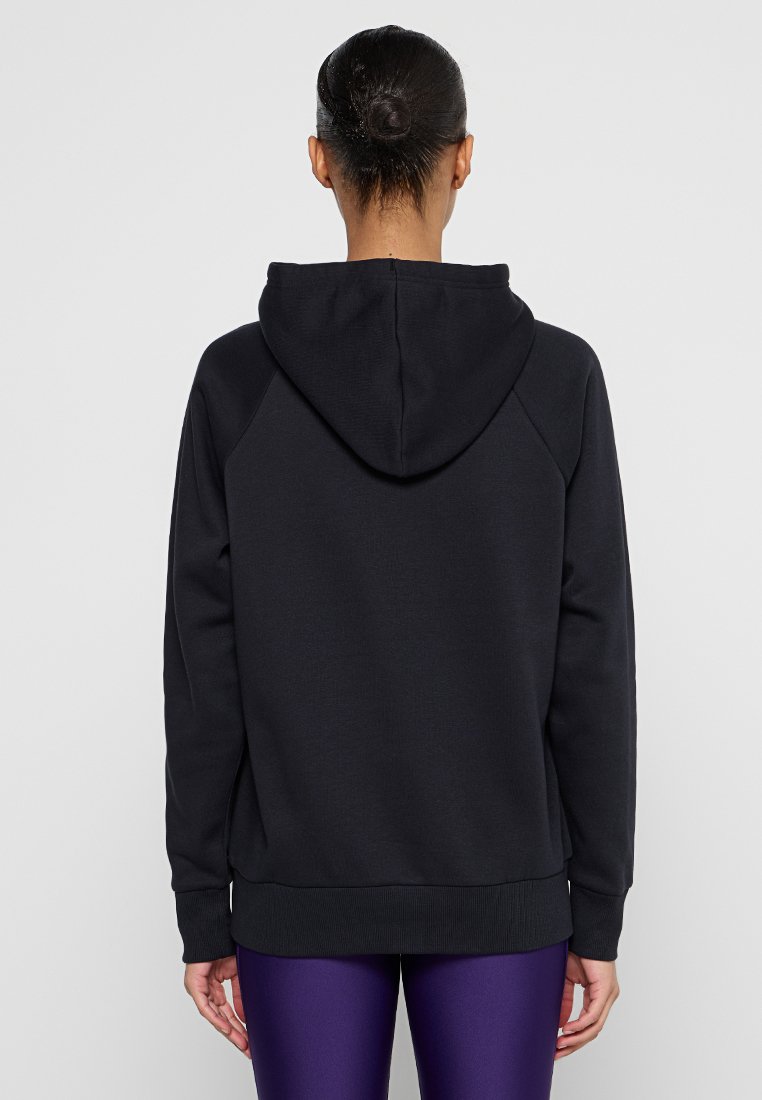 Sweatshirt à capuche noir avec des manches raglan, en tissu texturé et avec un ourlet côtelé. Conçu pour un fit décontracté, avec une vue arrière présentée.