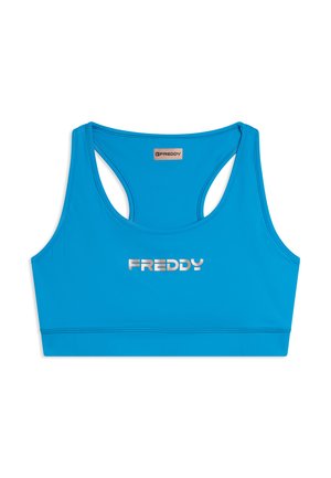 Sujetador deportivo azul con espalda cruzada y logo plateado "FREDDY" centrado en el frente y etiqueta de la marca en el interior del escote.