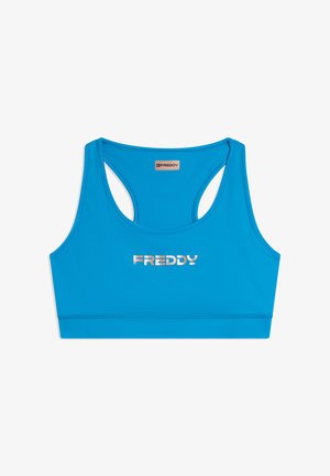 Reggiseno sportivo blu con schiena a racerback e logo "FREDDY" argento al centro sul davanti e etichetta del marchio all'interno della scollatura.
