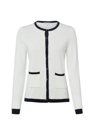 Biały kardigan z długim rękawem z czarną lamówką na kołnierzu, listwie guzikowej, mankietach, dole i krawędziach kieszeni, z zapięciem na guziki z przodu i dwoma kieszeniami.