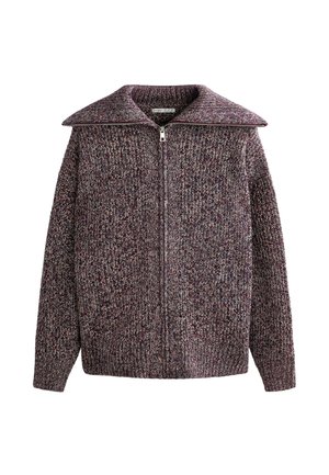 Knitted cardigan with a high collar, featuring a zipper closure. Made from multicolored yarn in shades of burgundy and gray.