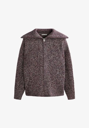 Knitted cardigan with a high collar, featuring a zipper closure. Made from multicolored yarn in shades of burgundy and gray.