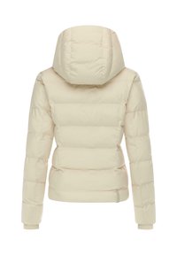 Lichtbeige pufferjack met een aansluitende capuchon, gequilt ontwerp en elastische manchetten. Voorzien van een ritssluiting en subtiele stikdetails.