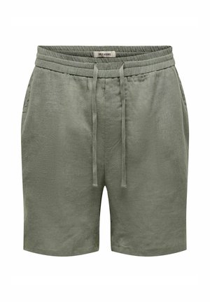 Férfi olívazöld lenvászon rövidnadrág elasztikus derékpánttal, húzózsinórral és oldalzsebekkel, elölnézet fehér háttéren.