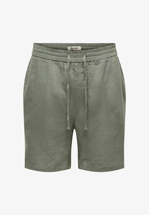 Meeste oliivrohelised linased lühikesed püksid elastse vöökoha, nöörpaela ja küljetaskutega, eestvaade valgel taustal.