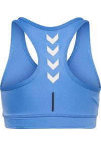 Blå sport-bh med racerback-design. Har vita kilar längs mittbacken och en kontrasterande vertikal svart linje på den nedre kanten.