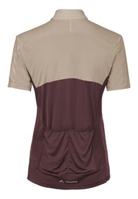 Maillot de cyclisme à manches courtes avec partie supérieure beige et partie inférieure arrière marron foncé, équipé de poches arrière et du logo Vaude en bas.