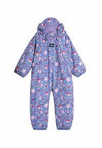 Kinder-einteiliger Anzug in Lila mit Mustern, der florale und verspielte Designs aufweist, mit Kapuze, Reißverschluss und elastischen Bündchen.