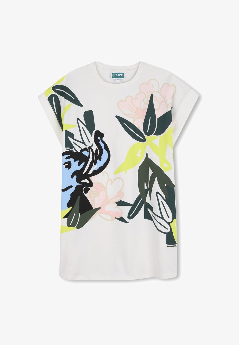 Chemise blanche à manches courtes avec des motifs audacieux de fleurs et de feuilles abstraites en noir, bleu, jaune et rose à l'avant et sur les manches.