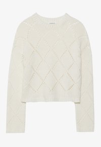 Gebreid cropped sweater in off-white met een diamantpatroon. Heeft een ronde hals en geribde boorden bij de mouwopeningen en de zoom.