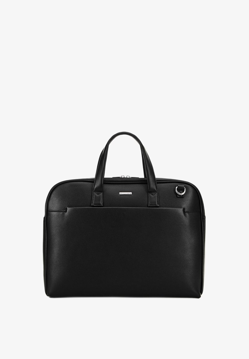 Czarna skórzana teczka o gładkiej teksturze, prostokątnym kształcie, z dwoma uchwytami, zamknięciem na zamek błyskawiczny i przednią kieszenią. Obecne detale w srebrnym kolorze.