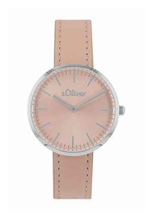 Runde silberne Armbanduhr mit roségoldener Ziffernblatt, silbernen Stundenmarkierungen, zwei Zeigern, s.Oliver-Branding und einem leicht beigefarbenen genähten Lederarmband.