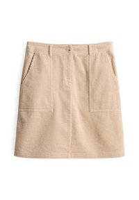Mini-jupe en velours côtelé beige avec poches avant, passants de ceinture et fermeture par bouton à la taille.