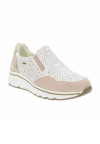 Scarpa slip-on con tomaia perforata bianca, accenti in suede rosa chiaro, suola bianca imbottita e dettagli dorati sottili sul tallone.