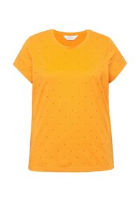 Kortärmad, rundhalsad t-shirt i klar orange bomull, med små prickiga mönster och en avslappnad passform.