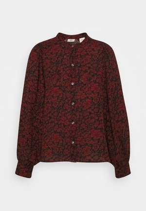 Langärmlige Bluse mit Knöpfen, dunkelrotem und schwarzem Blumenmuster und kleinem Stehkragen.