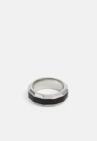 Silver octagonal ring featuring a black textured band, polished metal edges, and a smooth inner surface for comfort.