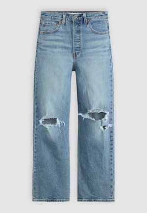 Lichtblauwe spijkerbroek met een hoge taille, brede pijpen en versleten scheuren op de knieën. Heeft een klassieke vijf-pocketontwerp en een knoopsluiting.