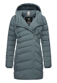 Padded kabát v teal farbe so zipsovým uzáverom, vysokým golierom a diagonálnymi prešívanými vzormi. Obsahuje kapucňu a elastické manžety.