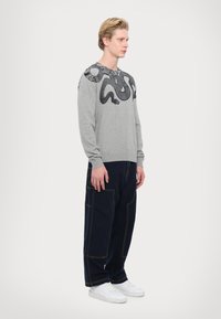 Maglione grigio con un grafico di un serpente nero sul petto, abbinato a pantaloni baggy blu navy e sneakers bianche. Maglia semplice, a coste.
