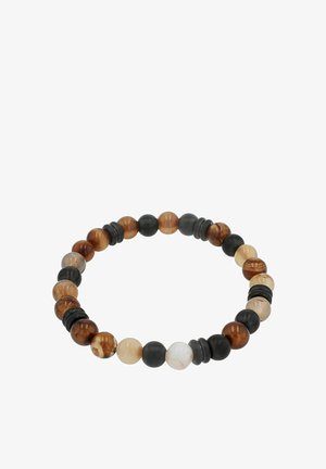 Pulsera elástica con cuentas redondas en tonos marrón, beige y negro, con acabados alternados texturizados y lisos.