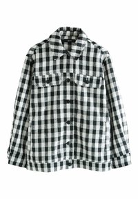 Geacă din flanel în carouri alb-negru, cu închidere cu nasturi, două buzunare pe piept și guler ascuțit. Textură moale și croială lejeră.