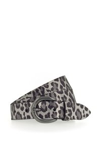 Ceinture à motif léopard en tissu gris et noir, dotée d'une boucle ronde en métal noir et d'une texture lisse avec des extrémités effilées.