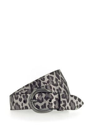 Leopardprint riem in grijs en zwart stof, met een ronde zwarte metalen gesp en een soepele textuur met taps toelopende uiteinden.