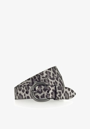 Leopard-patterned belt in gray and black fabric, featuring a round black metal buckle and a smooth texture with tapered ends.
