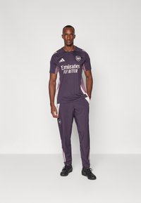 Dunkel lila Fußballtrikot mit einem Logo, kontrastierenden helllila Akzenten, drei weißen Streifen und passenden dunklen Hosen. Leichtes Material.