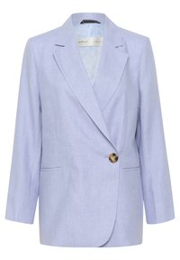 Blazer en lin bleu clair avec une coupe ajustée, des revers crantés, un bouton unique à l'avant, deux poches avant et une doublure intérieure.