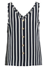 Ärmlös marinblå topp med vertikala vita ränder, V-ringning och en framsida med fem bruna knappar.