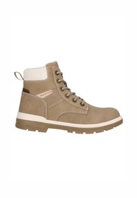 Tan enkellaarsjes met een gestructureerde suede afwerking, witte fleece rand, bruine accenten en een stevige rubberen zool met een gerimpeld profiel.
