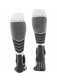 Calze nere e grigie sopra il polpaccio con accenti bianchi. Presentano motivi testurizzati e il marchio "PFAKE" stampato in cima.