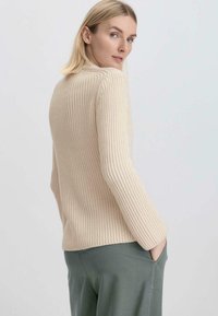 Hellbeige gestreifter Pullover mit langen Ärmeln und leichtem Stehkragen, kombiniert mit grünen Hosen mit Seitentaschen.