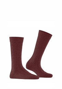 Bordeaux gebreide sokken met een textuurpatroon, kniehoog ontwerp en geribde manchetten. Gemaakt van zacht materiaal voor comfort.