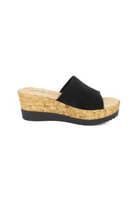 Sandali con zeppa in suede nero, caratterizzati da una piattaforma in sughero, un design aperto sulla punta e una superficie texture, con suola in gomma nera per una buona aderenza.