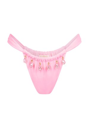 Pink bikini bottom with a ruffled waist and decorative gold hardware. Six teardrop-shaped pink gems hang from the front for added detail.